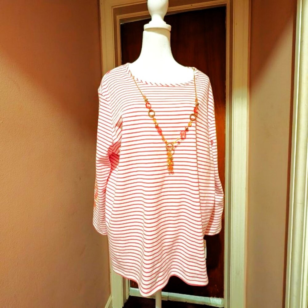 NWT Alfred Dunner Ladies Pink and Red & White Striped Long Sleeve Top, XL